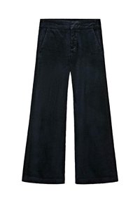 Pantaloni a gamba larga in corduroy nero con una finitura texturizzata, dotati di due tasche frontali e una vita piatta.