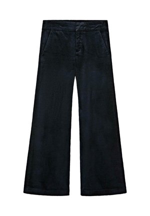 Sorte kordfløjspants med vid ben og en struktureret overflade, med to forlommer og en flad talje.