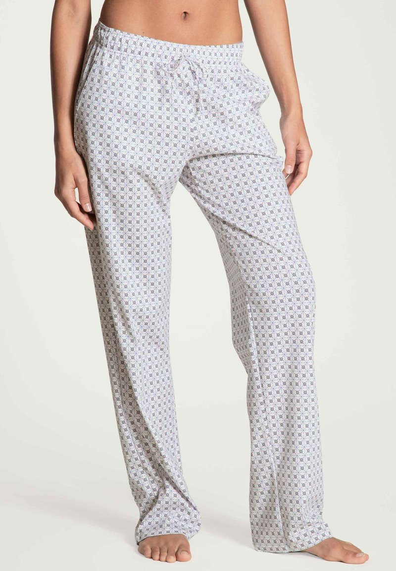 Lichte, gemusterde pyjamabroek in het wit met kleine paarse en blauwe ontwerpen, met een elastische tailleband en een trekkoord.