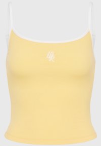 Gul ribbet tank topp med hvit kant og justerbare stropper, med et diskret brodert logo i sentrum foran. Myk stofftekstur.