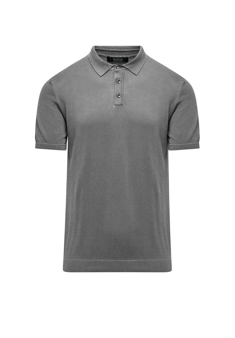 Grijs poloshirt met korte mouwen van een gestructureerde stof. Het heeft een knoopsluiting met drie knopen en ribgebreide manchetten en onderrand.