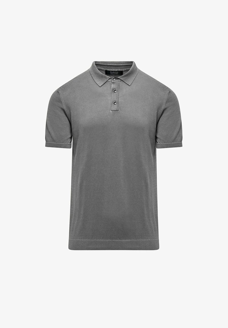Grijs poloshirt met korte mouwen van een gestructureerde stof. Het heeft een knoopsluiting met drie knopen en ribgebreide manchetten en onderrand.