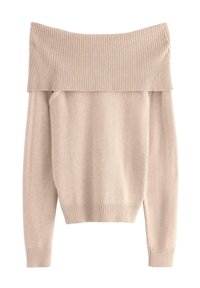 Beżowy sweter bez ramiączek z prążkowanym dekoltem i mankietami, charakteryzujący się miękką fakturą i luźnym krojem. Gładka część ciała z długimi rękawami.