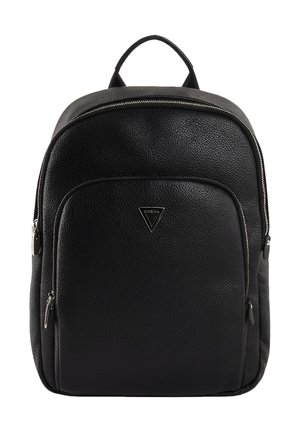 Zaino in pelle nera testurizzata con tasca anteriore con zip, manico superiore e dettagli in zip argentati.