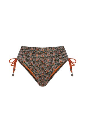 Dół od bikini z wysokim stanem, ozdobiony pomarańczowym, ciemnozielonym i kremowym geometrycznym wzorem kwiatowym oraz pomarańczowymi plecionymi wiązaniami po bokach z metalowymi ozdobami.