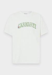 Λευκό βαμβακερό t-shirt με κοντά μανίκια και στρογγυλή λαιμόκοψη, με πράσινο σχέδιο κειμένου και λουλουδένιες διακοσμήσεις.