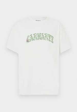 Maglietta bianca in cotone con maniche corte e scollo rotondo, caratterizzata da un design con testo verde e accenti floreali.