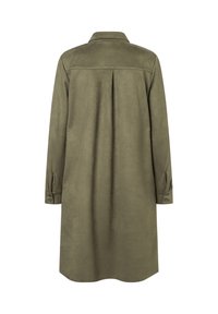 Olivgrünes, langärmliges Hemdkleid aus weichem Stoff, mit Kragen, Knopfmanschetten und einer gefältelten Rückendetail.