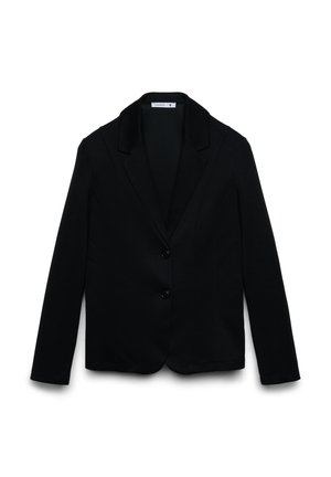 Blazer nero su misura con rever a lancia e due bottoni frontali, maniche lunghe e taglio aderente, taglia piccola.