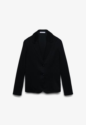 Blazer nero su misura con rever a lancia e due bottoni frontali, maniche lunghe e taglio aderente, taglia piccola.