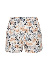 Kvetinové šortky s jemným pozadím a broskyňovými a námorníckymi kvetinovými vzormi, elastickým pásom a jemným bavlneným materiálom.