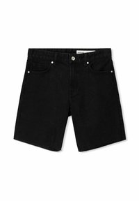 Pantalones cortos de mezclilla negra con corte recto, cinco bolsillos, herrajes de metal y dobladillo deshilachado. Fabricados en un resistente tejido de algodón. Ajuste estándar.