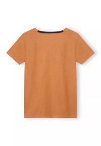 T-shirt z krótkim rękawem w pomarańczowym kolorze z bawełny, z okrągłym dekoltem, z czarnym akcentem na plecach. Gładka tekstura i casualowy fason.