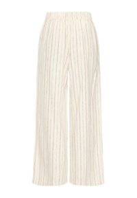 Pantalon ample crème avec fines rayures verticales rouges et bleues et taille élastique.