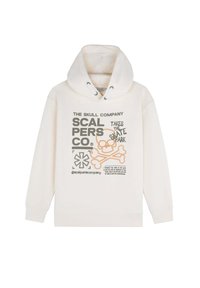 Felpa bianca con grafica frontale che presenta testo e un design di teschio. Completata con cappuccio regolabile e polsini a coste. Materiale in cotone.
