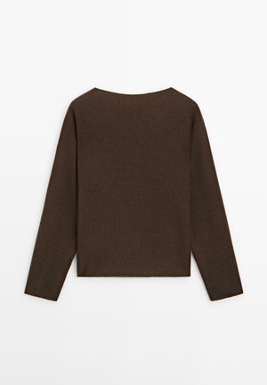 Brown long-sleeve knit sweater with a round neckline, shown from the back against a white background.