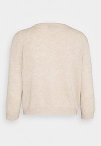 Pull en maille beige à manches longues avec un col rond et des poignets ainsi qu'un bas côtelés, montré de dos sur un fond uni.
