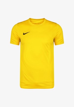 Żółta sportowa koszulka z krótkim rękawem, okrągłym dekoltem i czarnym logo Nike Swoosh na prawej piersi.