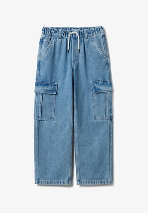 Blaue Denim-Cargohose mit elastischem Bund, Kordelzug-Detail und zwei großen Seitentaschen, mit lockerem Sitz und geradem Bein.
