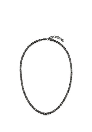 Black metal chain necklace featuring elongated links with a textured finish, adorned with a clasp and adjustable extension chain.
