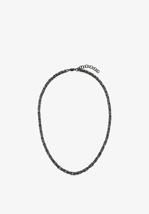 Collier chaîne en métal noir avec des maillons allongés à finition texturée, orné d'un fermoir et d'une chaîne d'extension réglable.