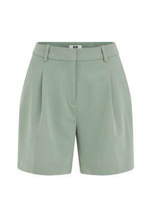 Shorts vert clair ajustés avec passants pour ceinture, plis à l'avant et une fermeture avant dissimulée.