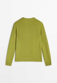 Green, textured sweater with a crew neck, long sleeves, and ribbed cuffs, featuring a plain back design and mid-weight knit material.
