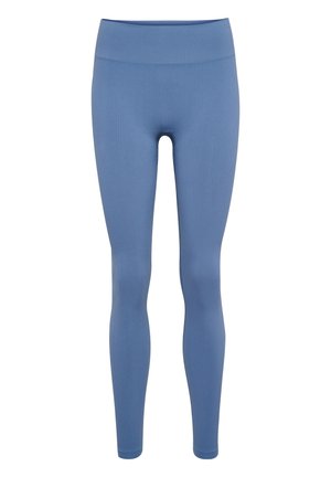 Blue leggings made of stretchy material, featuring a high waistband and a smooth texture, with a fitted design that extends to the ankles.