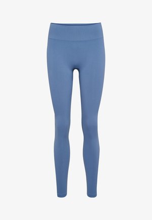 Blue leggings made of stretchy material, featuring a high waistband and a smooth texture, with a fitted design that extends to the ankles.