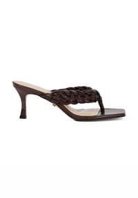 Brown leather heeled sandals with a braided strap design, open toe, and a 3-inch stiletto heel. Flat sole with slight gloss finish.