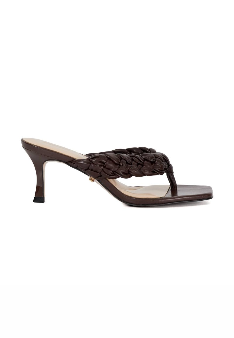 Brown leather heeled sandals with a braided strap design, open toe, and a 3-inch stiletto heel. Flat sole with slight gloss finish.