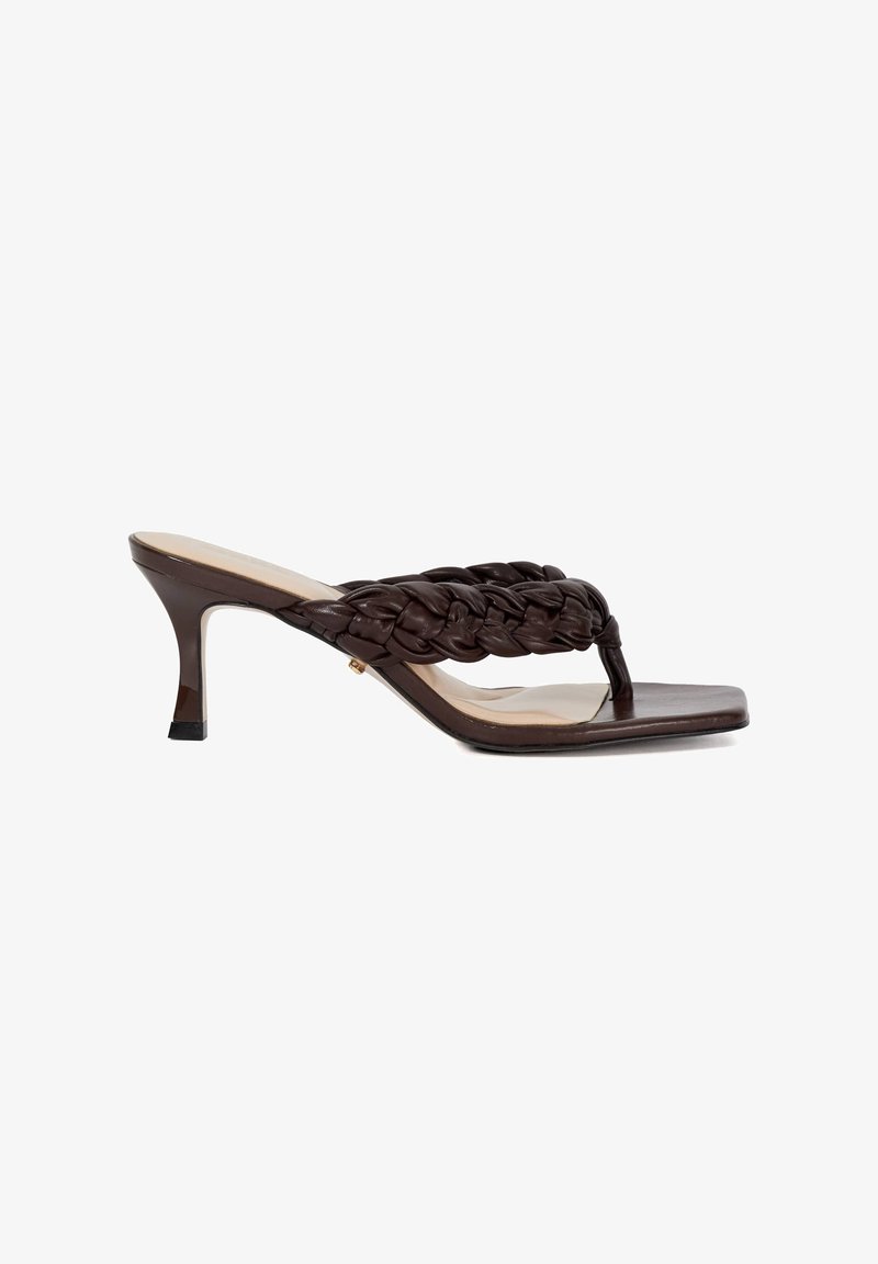 Brown leather heeled sandals with a braided strap design, open toe, and a 3-inch stiletto heel. Flat sole with slight gloss finish.