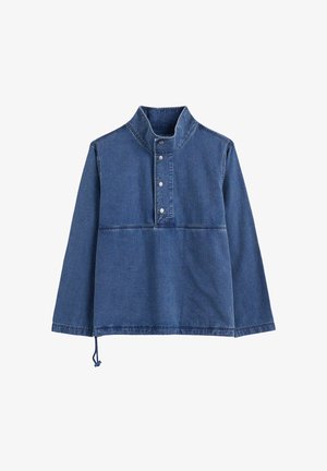 Mėlynas džinsinis ilgomis rankovėmis megztinis su stendiniu apykakle, priekine užtraukiama sagtele, horizontaliu siūlu ir reguliuojamu raišteliu apačioje.