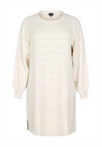 Abito in maglia crema con maniche a palloncino lunghe, motivo a righe orizzontali, spacchi laterali e polsini e orlo a costine.