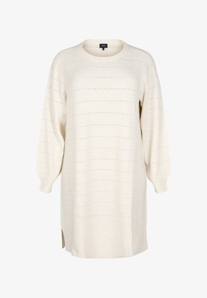 Cremfarbener Strickkleid mit langen Ballonärmeln, horizontalem Streifenmuster, seitlichen Schlitzen sowie gerippten Bündchen und Saum.