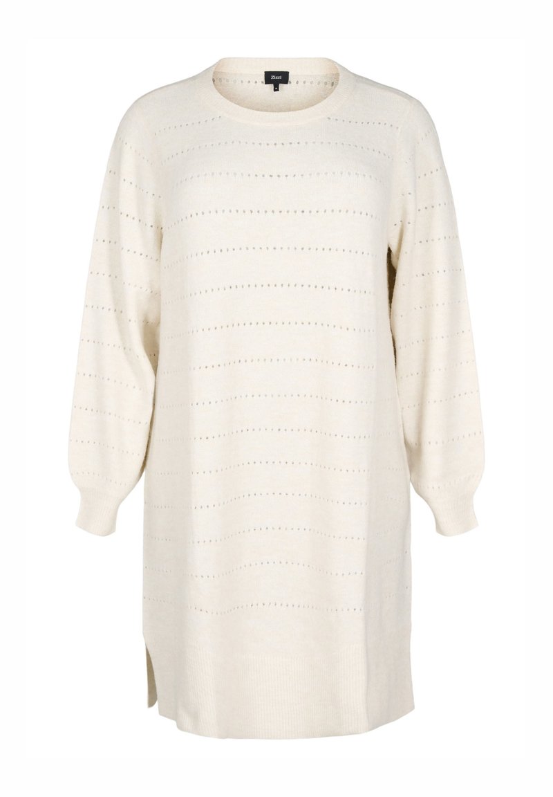 Abito in maglia crema con maniche a palloncino lunghe, motivo a righe orizzontali, spacchi laterali e polsini e orlo a costine.