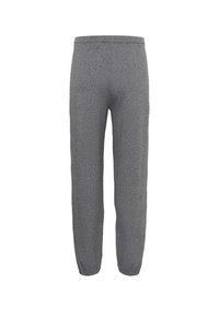 Graue, taillierte Jogginghosen aus weichem Stoff; mit elastischem Bund und gerippten Knöcheln. Einfaches Design ohne sichtbare Muster oder Hardware.