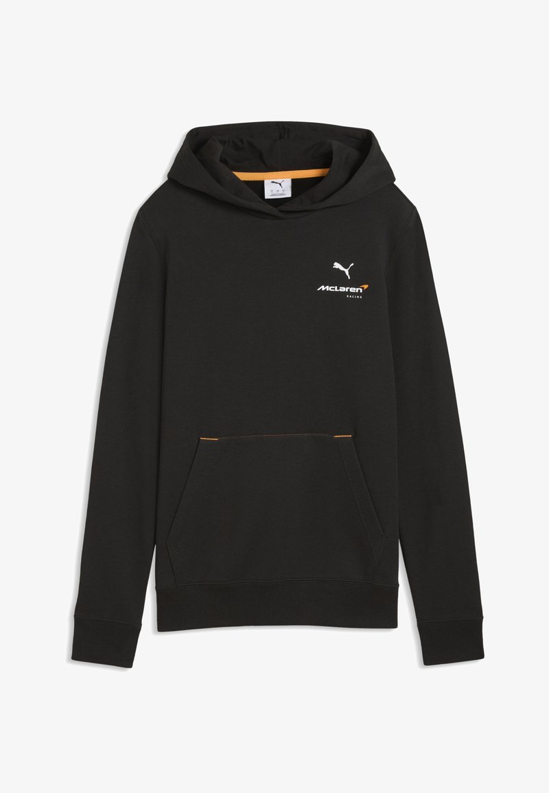 Sweat à capuche noir Puma avec le logo McLaren Racing sur la poitrine et une poche avant avec des coutures orange discrètes.