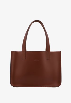 Braune Lederhandtasche mit zwei Griffen und glatter Oberfläche, rechteckiger Form und dezentem, mittig geprägtem Logo.