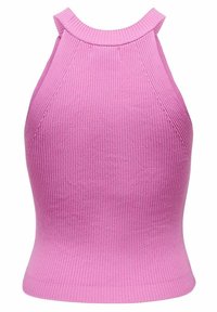 Rosa geripptes Neckholder-Oberteil mit figurbetontem Design. Verfügt über einen hohen Ausschnitt und ärmellosen Schnitt, betont eine glatte Textur und Stretch.