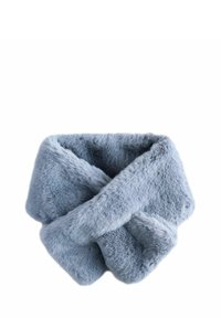 Faux fur scarf in light blue, featuring a soft, fluffy texture and an overlapping design, ideal for warmth and style.