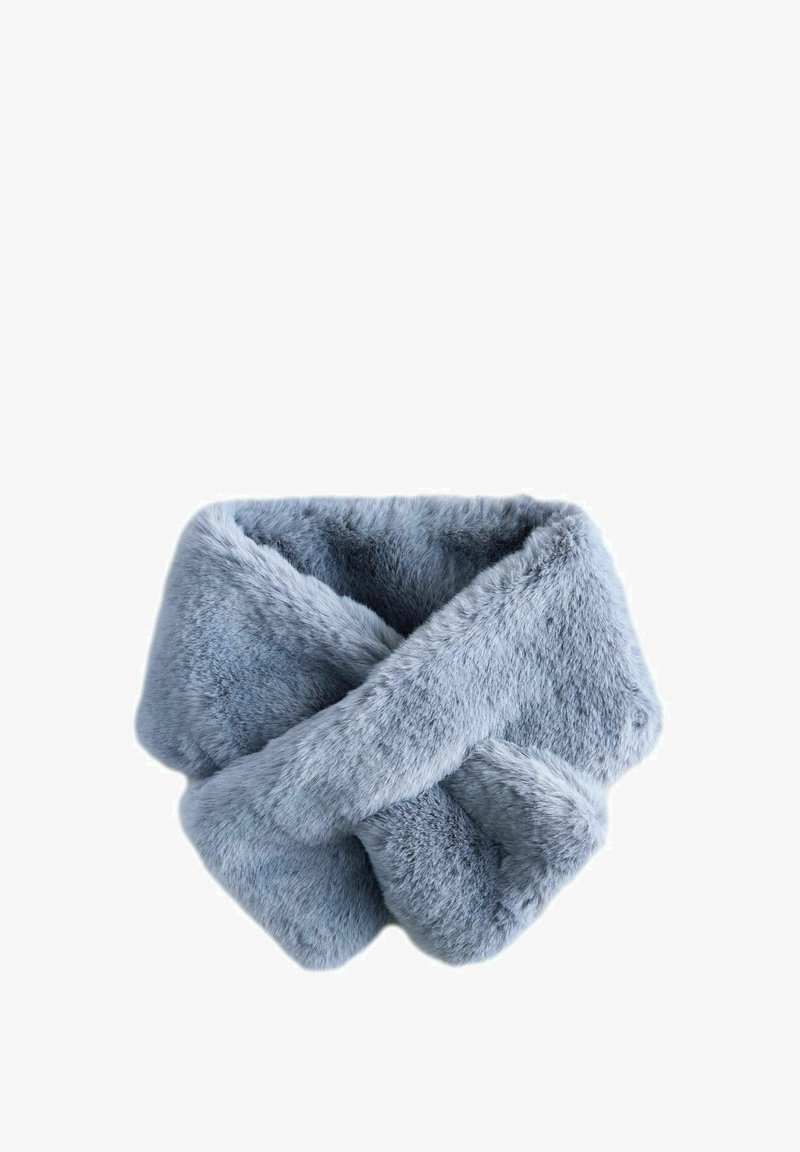 Bufanda de cuello de pelaje sintético gris claro y suave, doblada en estilo de bucle, diseñada para brindar calidez y estilo.