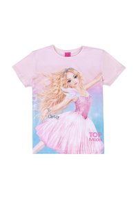 T-shirt di cotone rosa con un'illustrazione di una ragazza in un vestito rosa con un corpetto scintillante e capelli biondi, etichettata "TOP Model".