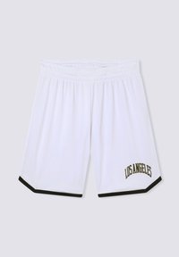 Shorts bianchi in rete con accenti neri, dotati di una vita elasticizzata e la scritta "LOS ANGELES" ricamata in oro sulla gamba sinistra.