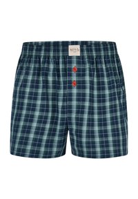 Boxer in plaid realizzati in cotone con un motivo a quadri blu navy, verde e bianco. Presentano dettagli con bottoni rossi e una vita elasticizzata.