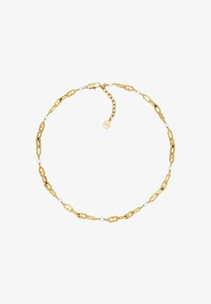 Goldmetal-Halskette mit ineinandergreifenden Gliedern und weißen Perlenakzenten. Enthält eine kleine verstellbare Kette und ein Markenetikett.