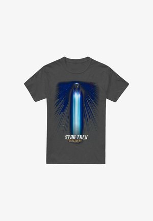 Gray cotton t-shirt featuring a blue and white graphic of a starship and glowing vertical beam with "Star Trek Discovery" text at the bottom.