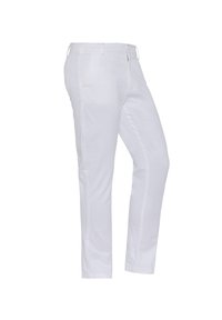 Pantaloni in cotone bianchi a gamba dritta con una texture liscia, dotati di tasche anteriori standard e chiusura con zip.