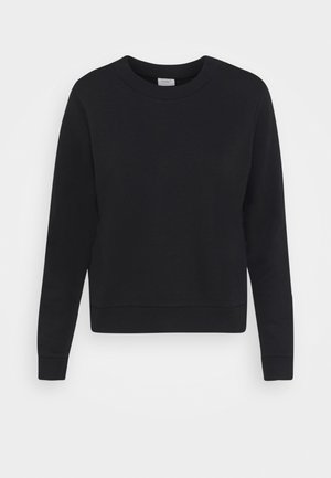Sweat-shirt noir à col rond, manches longues, poignets et bas côtelés, présenté sur un fond gris clair uni.
