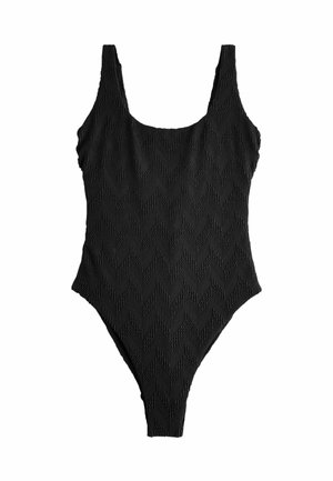 Čierne textúrované jednodielne plavky s okrúhlym výstrihom a vysokými rozparkami na nohách, s jemným cikcak vzorom.